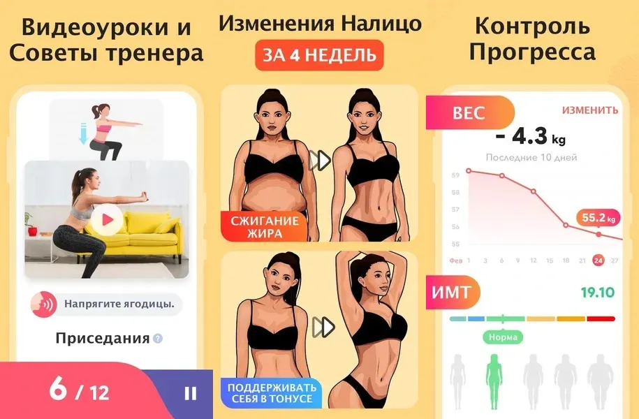 Простой и дружественный интерфейс в приложении Фитнес для женщин