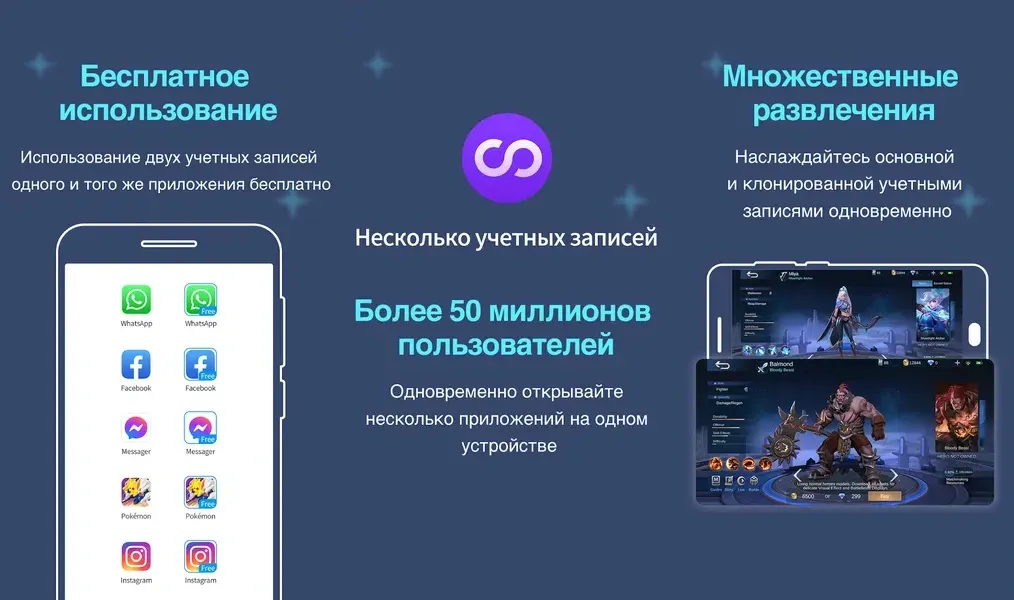 Multiple Accounts — поддерживает использование нескольких учетных записей на одном устройстве
