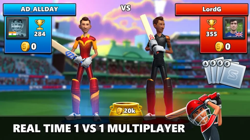 Сражайтесь 1 на 1 в многопользовательском режиме в игре Stick Cricket Live