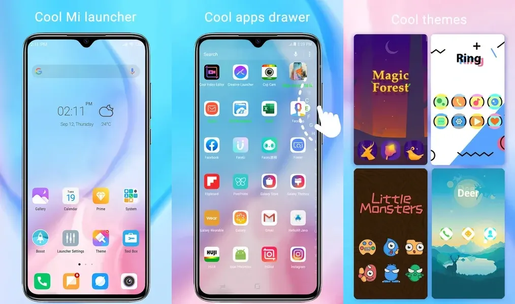 Приложение Cool Mi Launcher поддерживает настройку интерфейса с множеством тем