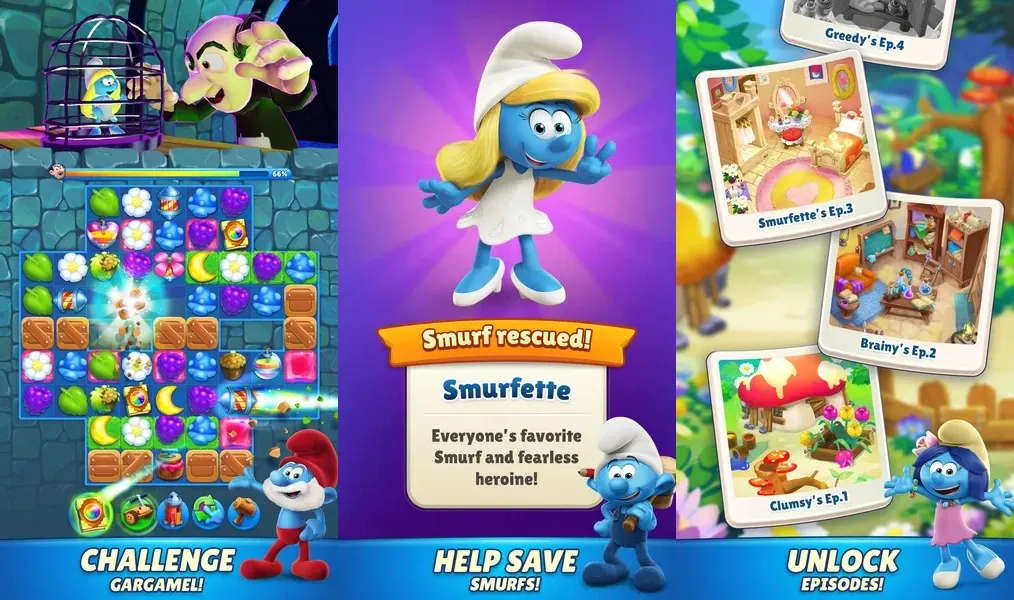 Яркая мультяшная графика в игре Smurfs Magic Match