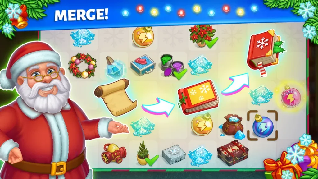 Анимированная графика создает расслабляющее ощущение в игре Merge Christmas