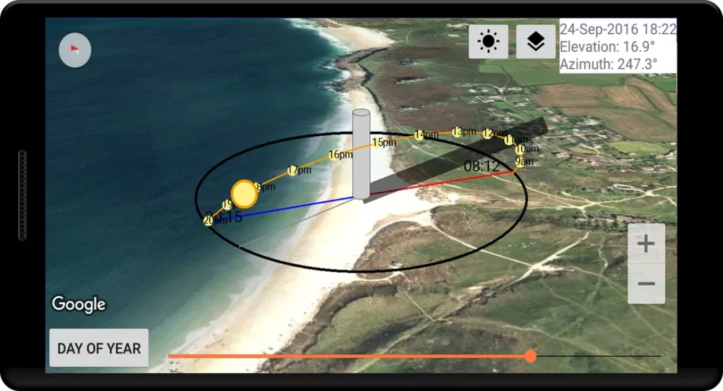 Различные режимы просмотра в приложении Sun Locator Pro